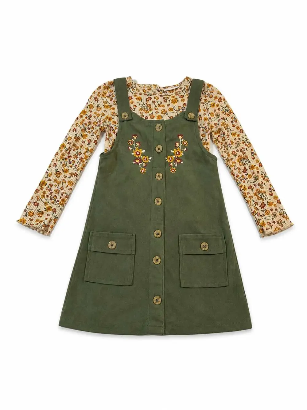 BCBG Girls 2-Piece Set with Floral Top Embroidered Corduroy Overall Dress Size 4